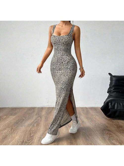 Chic Leopard Split Hem Backless Maxi Dress
