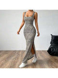 Chic Leopard Split Hem Backless Maxi Dress