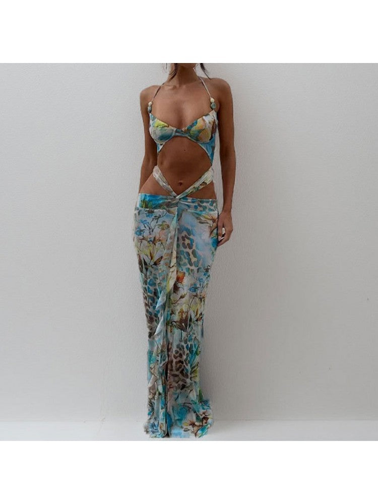 Elegant Leopard Backless Lace-Up Maxi Dress