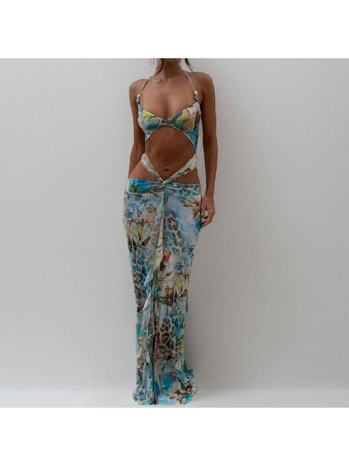 Elegant Leopard Backless Lace-Up Maxi Dress