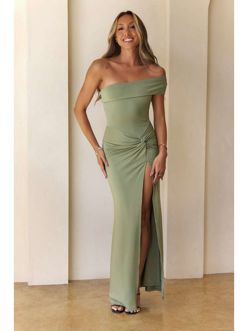 One Shoulder Ruched Split Hem Maxi Dress