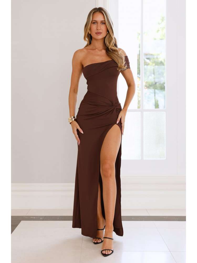 One Shoulder Ruched Split Hem Maxi Dress