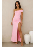 One Shoulder Ruched Split Hem Maxi Dress