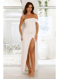 One Shoulder Ruched Split Hem Maxi Dress