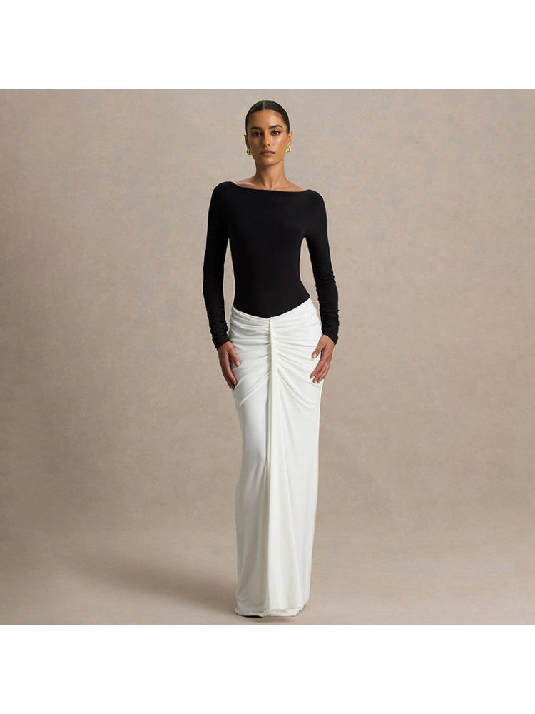 Boat Neck Ruched Backless Maxi Dress  CHRONOS DYNAMICSNC LLC