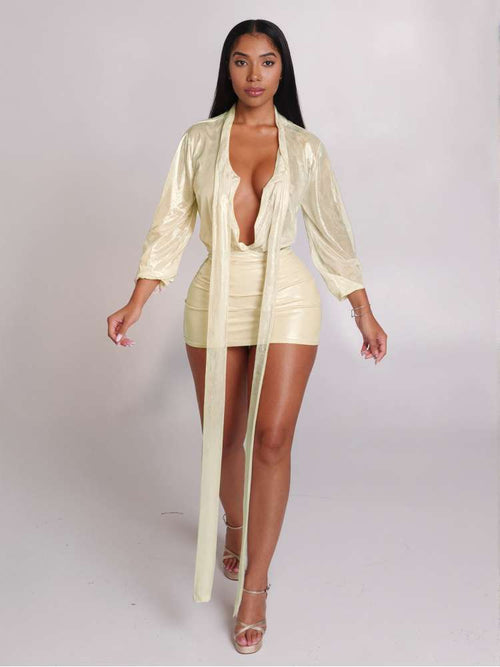 Metallic Deep V Neck Mini Party Dress