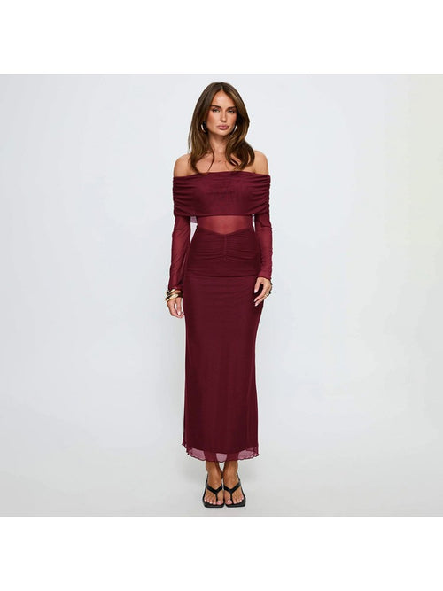 Sheer Mesh Off Shoulder Evening Maxi Dress