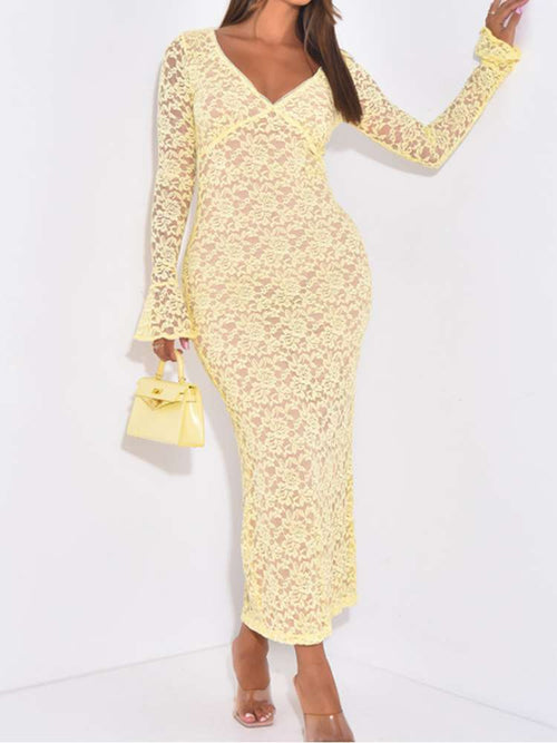 Lace Panel Hollow Long Sleeve Maxi Dress