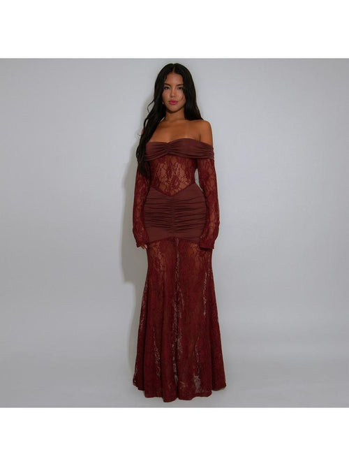 Sheer Lace Off Shoulder Maxi Dress