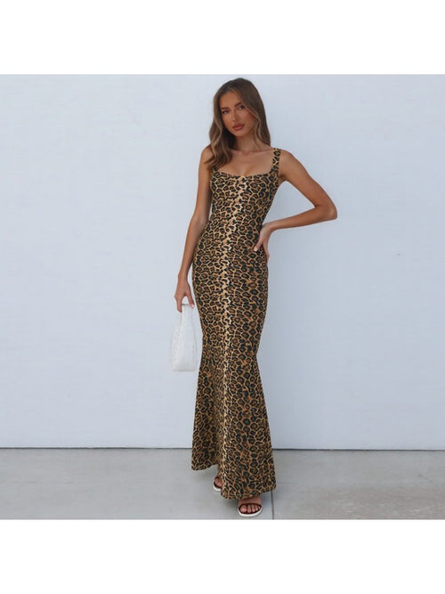 Leopard Print Sleeveless Fitted Maxi Dress