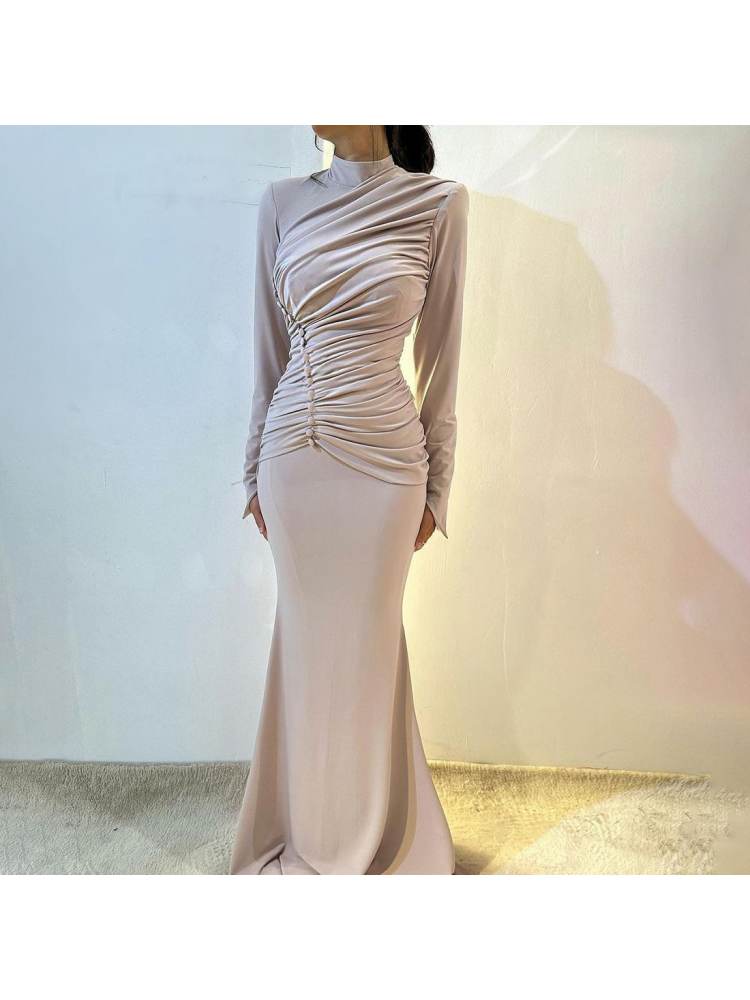Ruched High Neck Slit Maxi Dress
