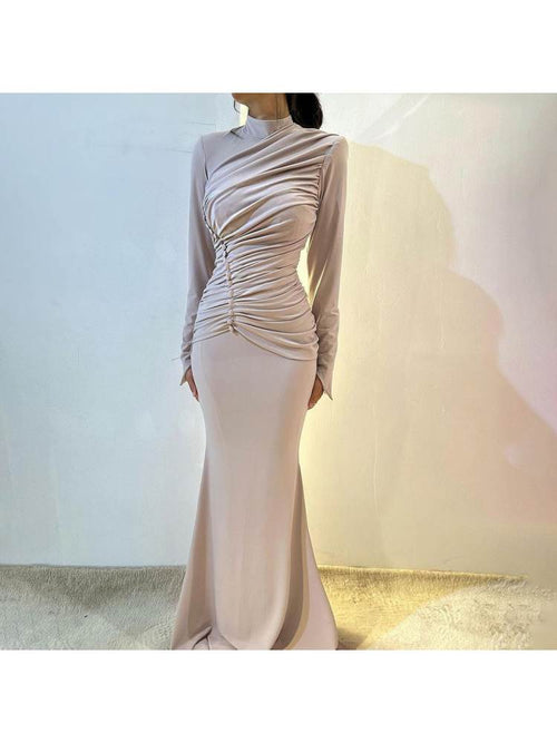 Ruched High Neck Slit Maxi Dress