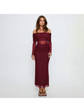 Sheer Mesh Off Shoulder Evening Maxi Dress