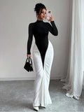 Mock Neck Colorblock Fitted Maxi Dress